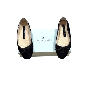 Jacques Levine Black Suede Shearling Lined Ballet Flat Slippers Original Box 7